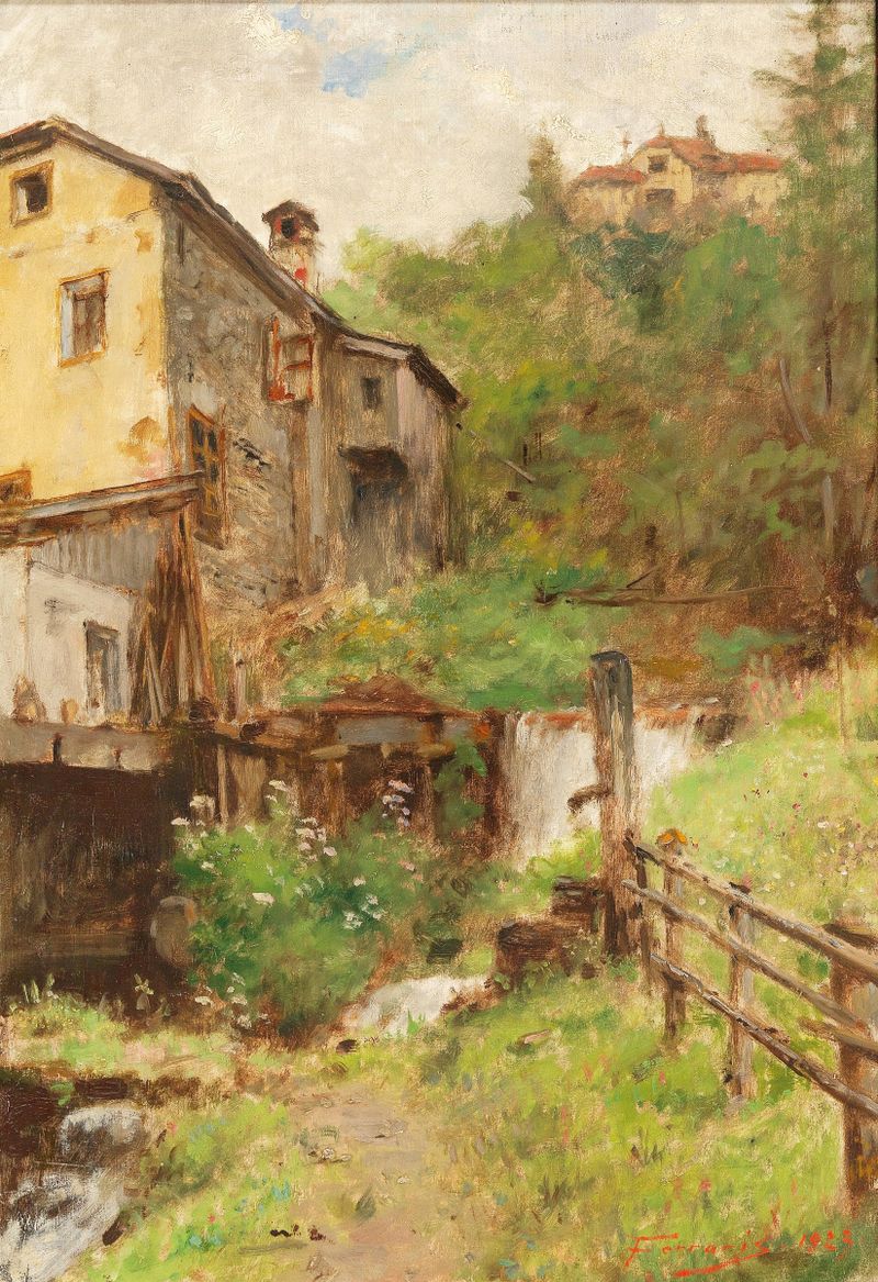 Old Mill de Arthur Von Ferraris, óleo sobre lienzo que representa un paisaje sereno