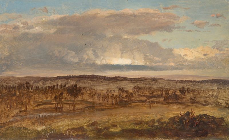 Pintura al óleo Hudson Valley de Frederic Edwin Church, que representa un paisaje sereno con colinas y cielo.