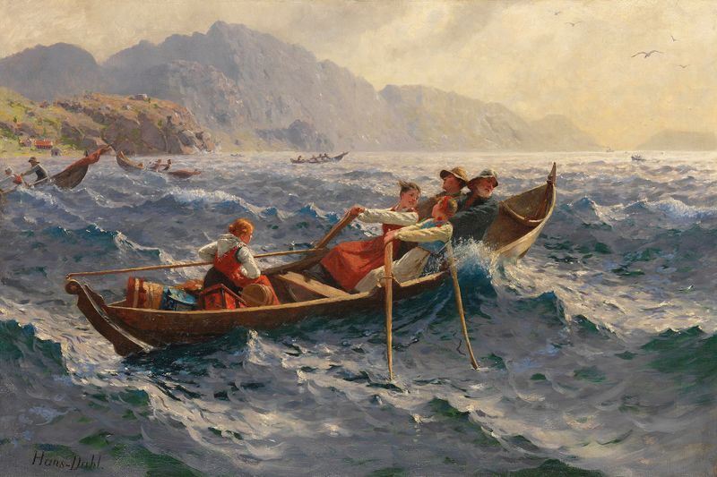 Cena de fiorde tempestuoso com ondas quebrando, pintura a óleo de Hans Andreas Dahl