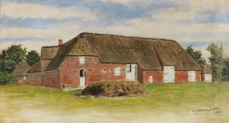 Gehöft in Deezbüll de Carl Ludwig Jessen, óleo sobre lienzo que muestra una casa de campo en un paisaje rural.