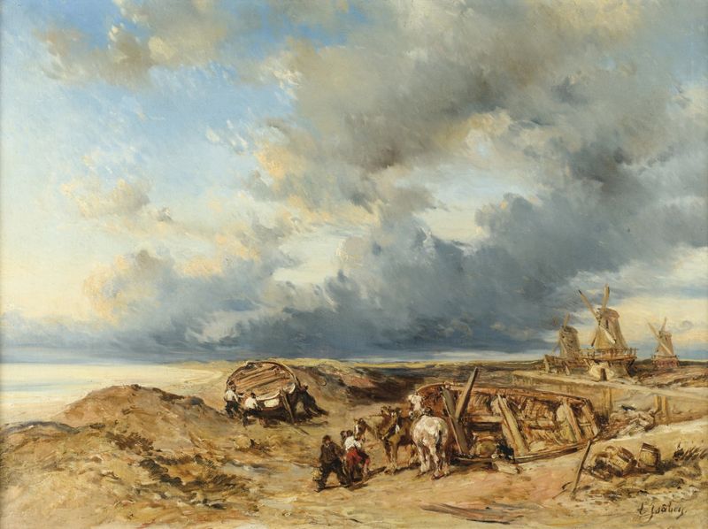 Pintura al óleo del Romanticismo de Eugène Isabey que muestra caballos galopando junto al mar