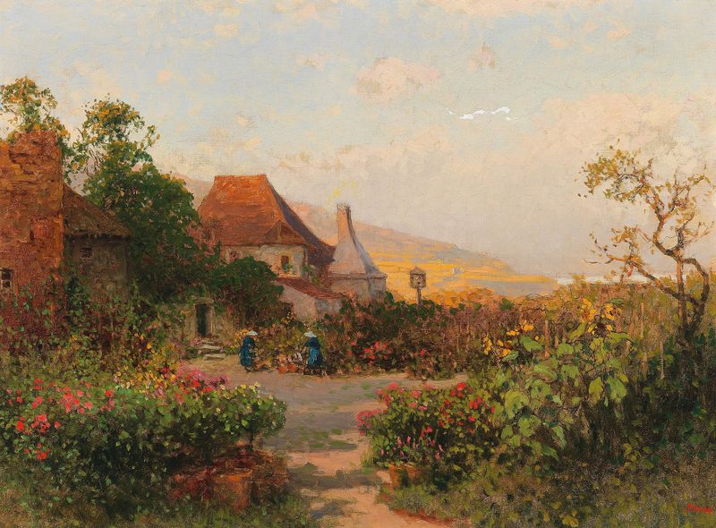 Genre scene depicting lively figures under a luminous sky by Heinrich Tomec, oil painting