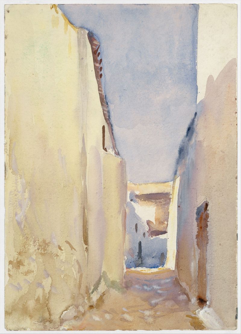 Paisaje de Tangier de John Singer Sargent, óleo sobre lienzo, con un vasto cielo y luz suave.