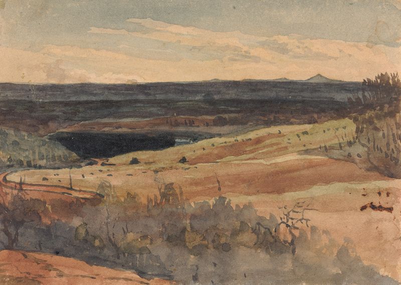 Paisagem com campos ondulados e montanhas distantes, óleo de Thomas Sully