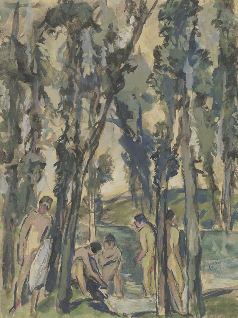 Riacho da floresta com pessoas se banhando, óleo sobre tela de Otto Kopp