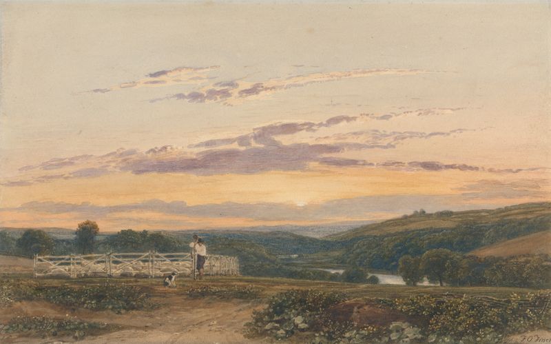 O Pastor – Noite de Francis Oliver Finch, retratando um pastor na luz dourada, pintura a óleo