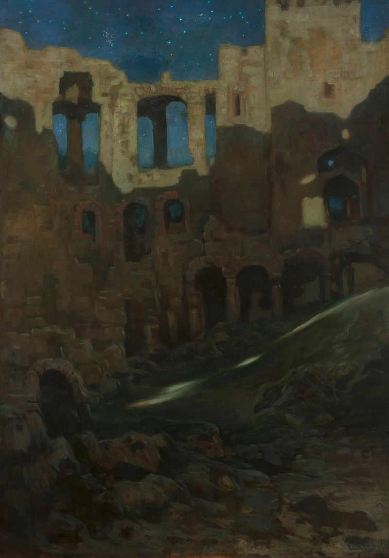 Ruins of Krzyżtopór castle in Ujazd, oil painting by Kazimierz Stabrowski