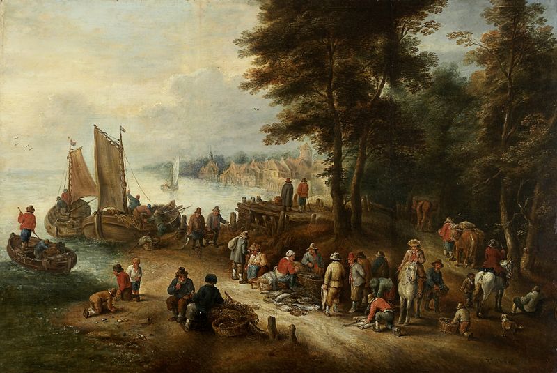 Fish Market on the Shore de Theobald Michau, óleo sobre lienzo que representa un vibrante mercado de mariscos