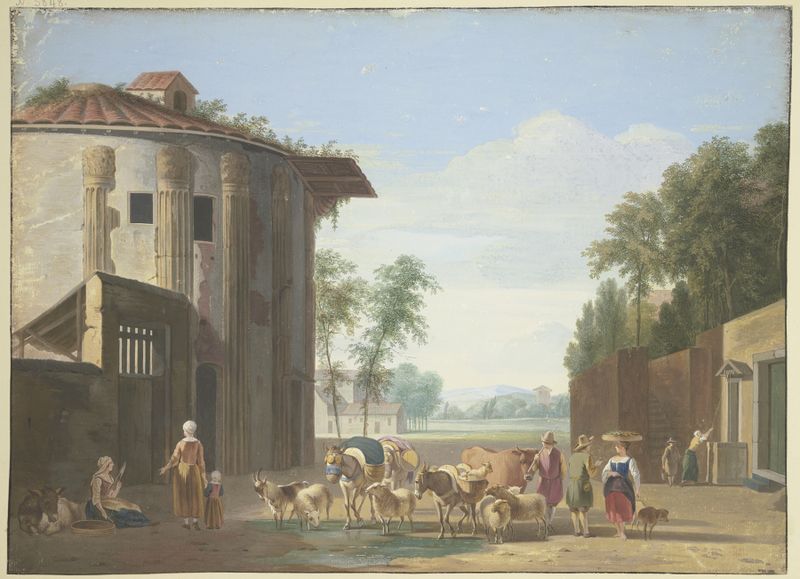 Minervatempel en un paisaje con un rebaño y pastores, óleo sobre lienzo de Job Adriaensz Berckheyde