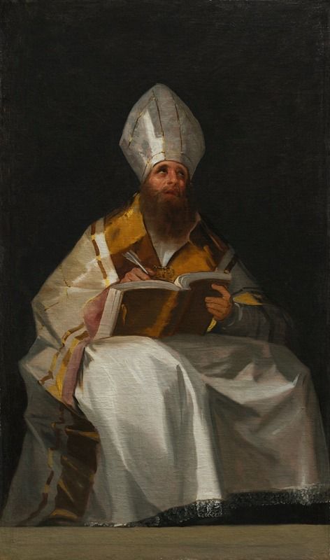 Santo Ambrósio de Francisco de Goya, óleo sobre tela, apresentando um santo em vestes escuras com ouro contra um fundo bor...
