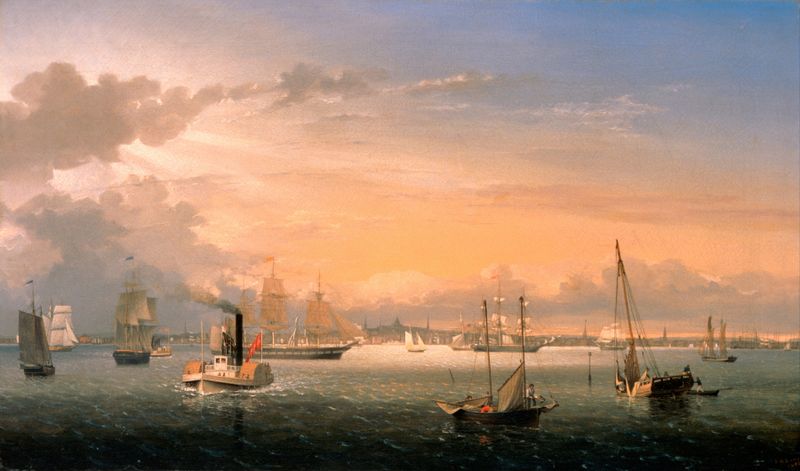 Óleo sobre tela de Fitz Henry Lane retratando Boston Harbor ao crepúsculo com barcos e água suave.