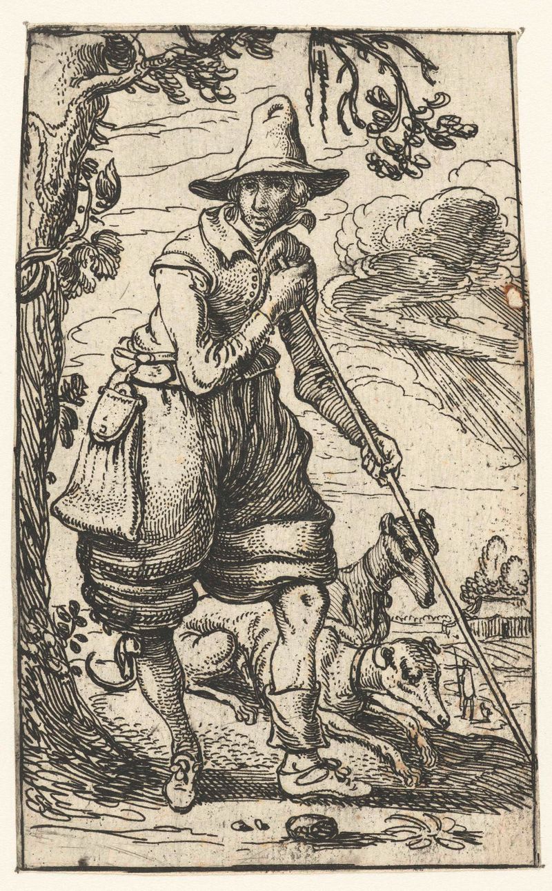 Gravura de Esaias van de Velde mostrando um caçador com dois cães em uma floresta.