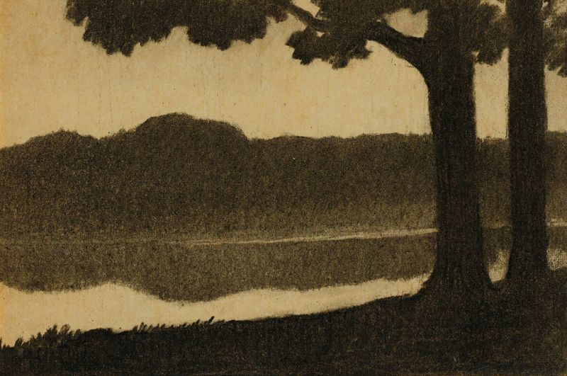 River Bank by Alphonse Osbert, oil on canvas depicting a tranquil river landscape at twilight.