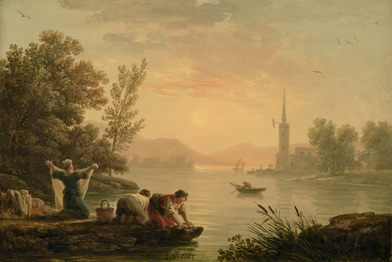 Lavanderas cerca de un lago, pintura al óleo de Claude-Joseph Vernet