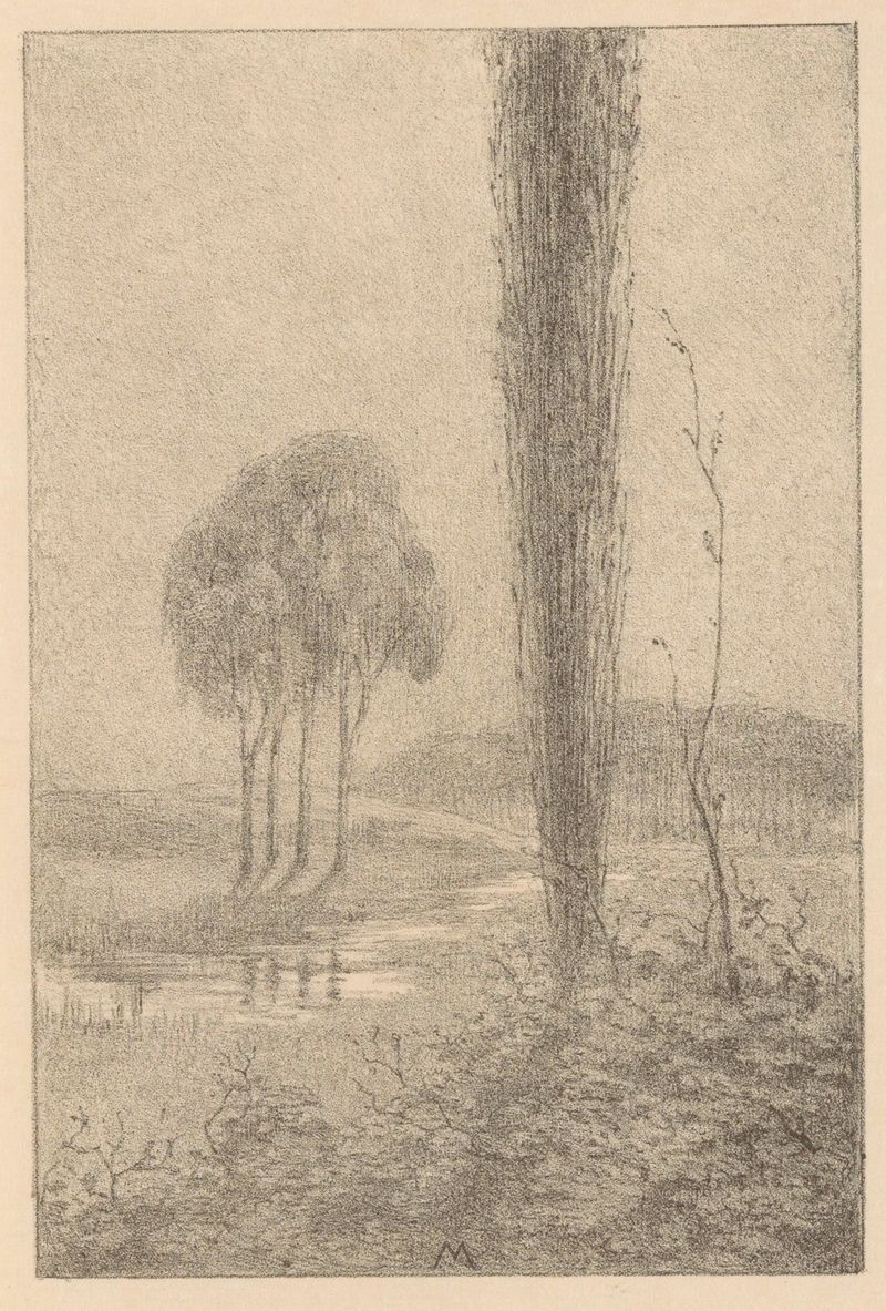 Landschap met bomen en beek de Simon Moulijn, óleo sobre tela representando árvores e um riacho