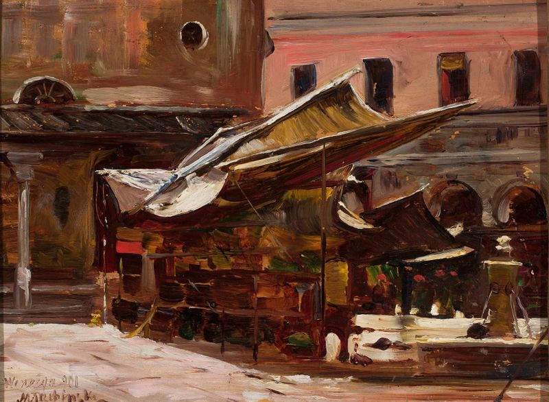 Genre scene depicting a fair in Venice by Marian Trzebiński, Impressionism