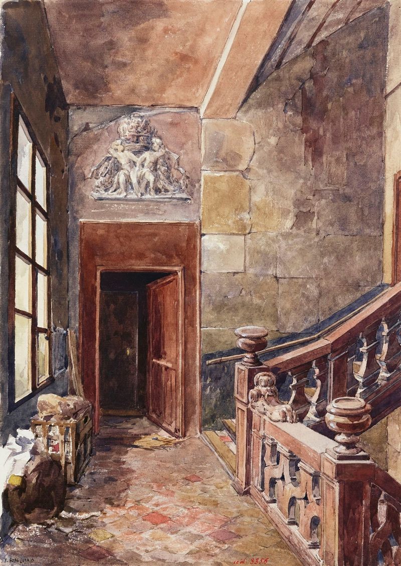Interior scene with staircase and textured walls by Henri Berthaut, medium unknown