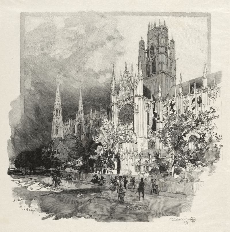 Eglise Saint Ouen de Auguste Louis Lepère, pintura al óleo que representa una iglesia con luz y sombra intrincadas.