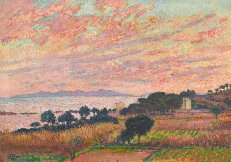 La Baie Au Soleil Couchant, oil on canvas by Theo van Rysselberghe depicting a sunset over water.
