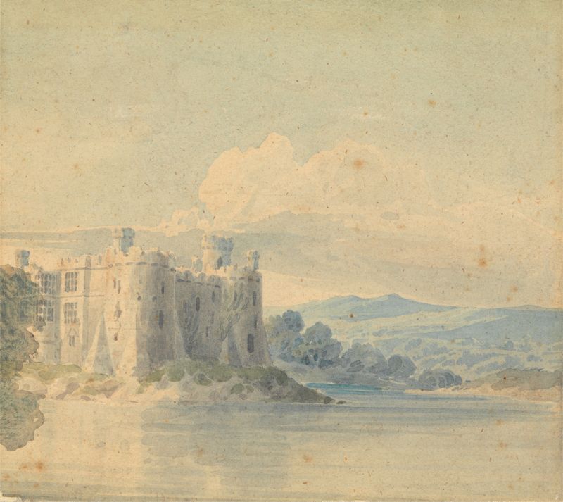 Castillo de John Varley, pintura al óleo que representa un antiguo castillo con luz etérea.