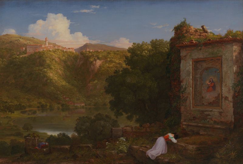 Il Penseroso de Thomas Cole, óleo sobre tela mostrando uma figura em uma paisagem tranquila.
