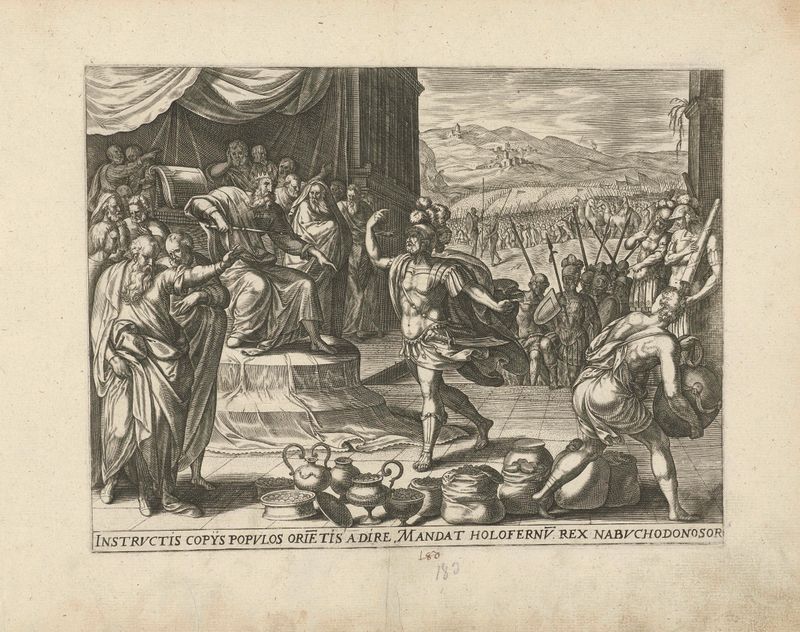 Gravura Holofernes bij Nebukadnessar de Gerard de Jode retratando uma cena histórica dramática.