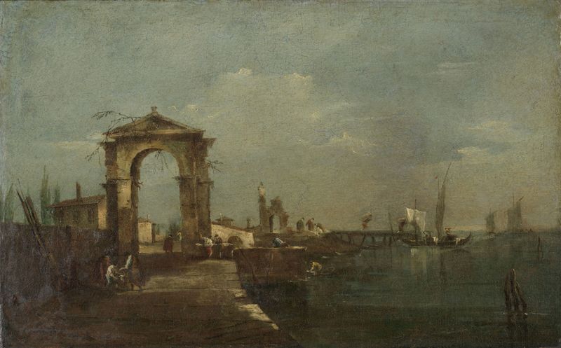 Paisagem com um cais e barcos em um lago de Francesco Guardi, pintura a óleo que mostra barcos em um lago calmo