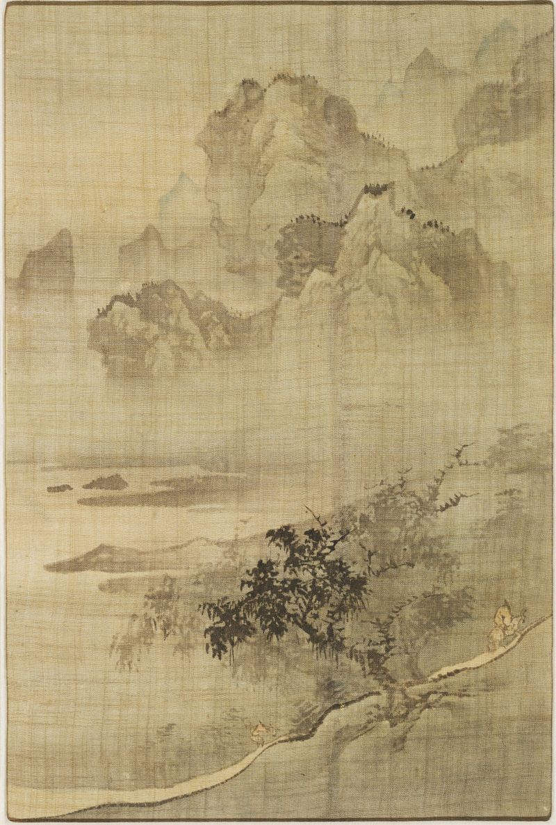 Landscape with a gentleman riding a donkey on a mountain path, silk by Yi Ching