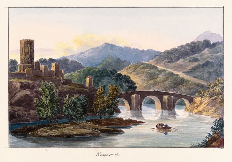 Puente sobre un río turbulento, acuarela sobre papel de Charles Hamilton Smith