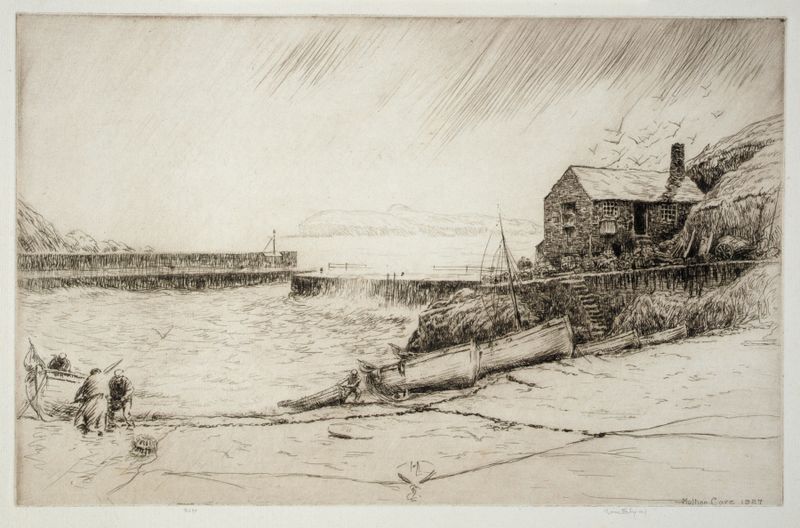 Escena marina de Mullion Cove por Kerr Eby, 1928, que representa el mar y los acantilados en tonos ricos.