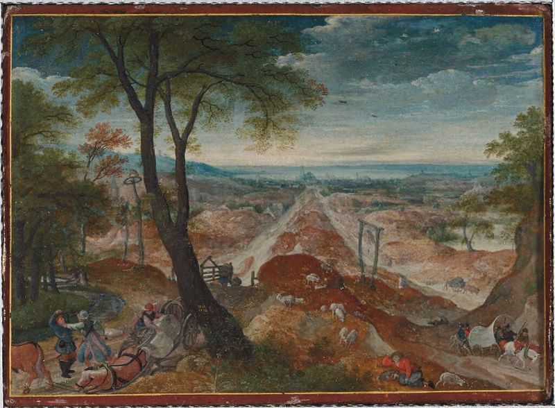 Landscape with Bandits Holding up a Man with a Wagon, oil painting by Hans Bol