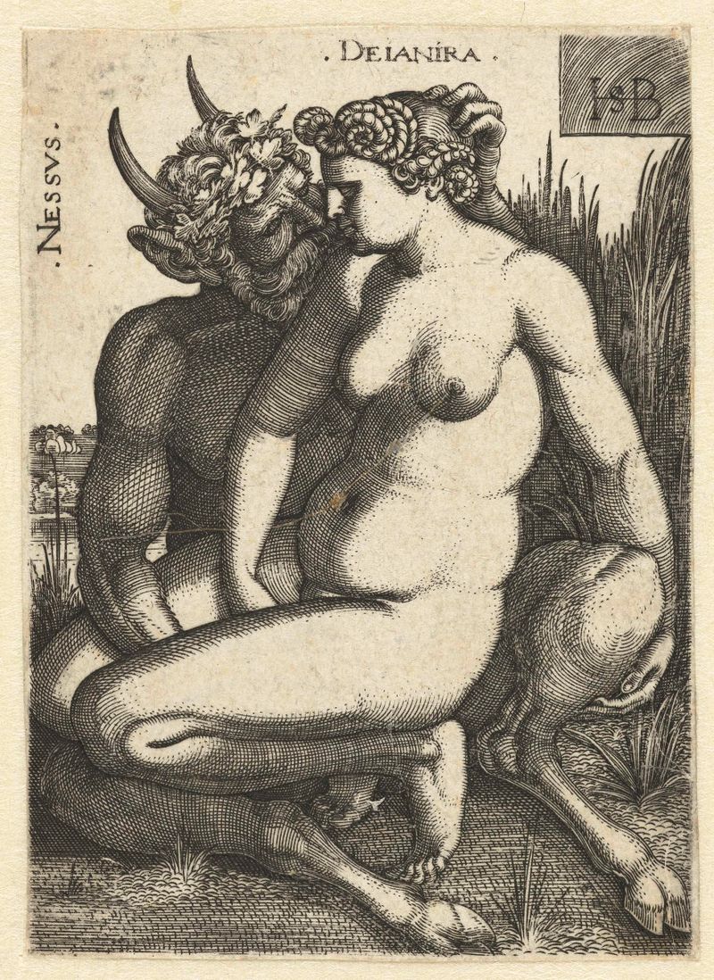 Grabado de Hans Sebald Beham que representa a Nessus y Deïnira en el crepúsculo