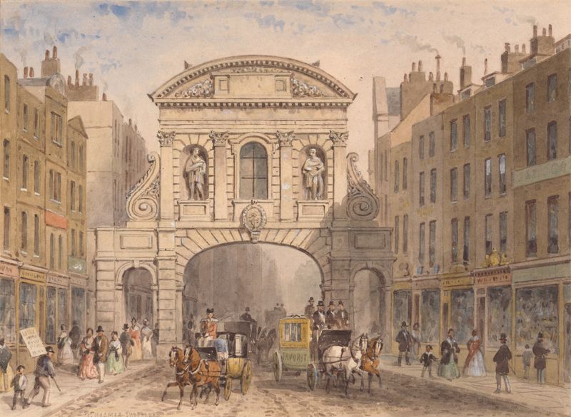 Temple Bar by Thomas Hosmer Shepherd, oil on canvas, depicting a busy street scene with an archway