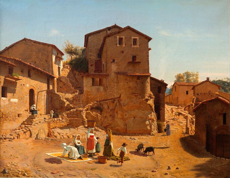 Landscape of a narrow street in Gerano, oil painting by Frederik Vermehren