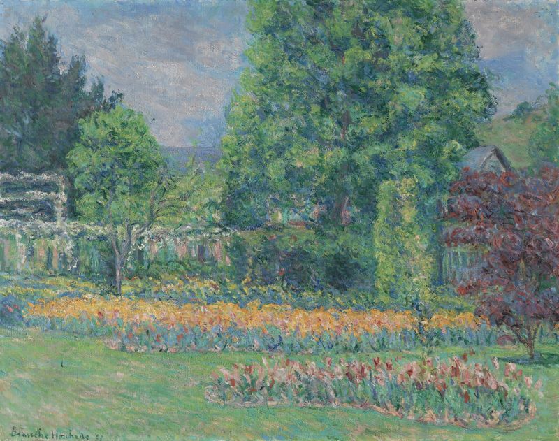 Oil painting by Blanche Hoschedé-Monet depicting a vibrant garden with colorful flowers.