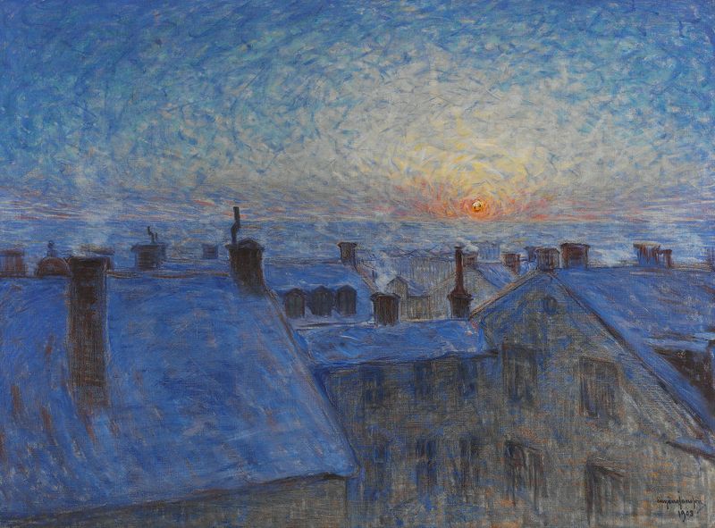 Sunrise over the rooftops, oil painting by Eugène Jansson