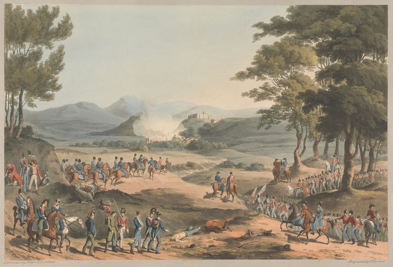 Engraving by Charles Turner depicting the evacuated town of Poinbal in 1811