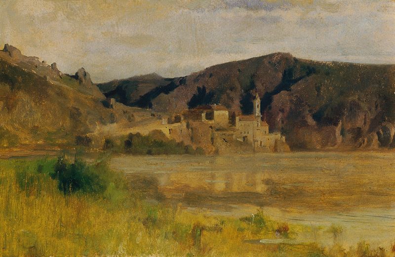 Landscape of Dürnstein village by Johann Till the younger, oil on canvas