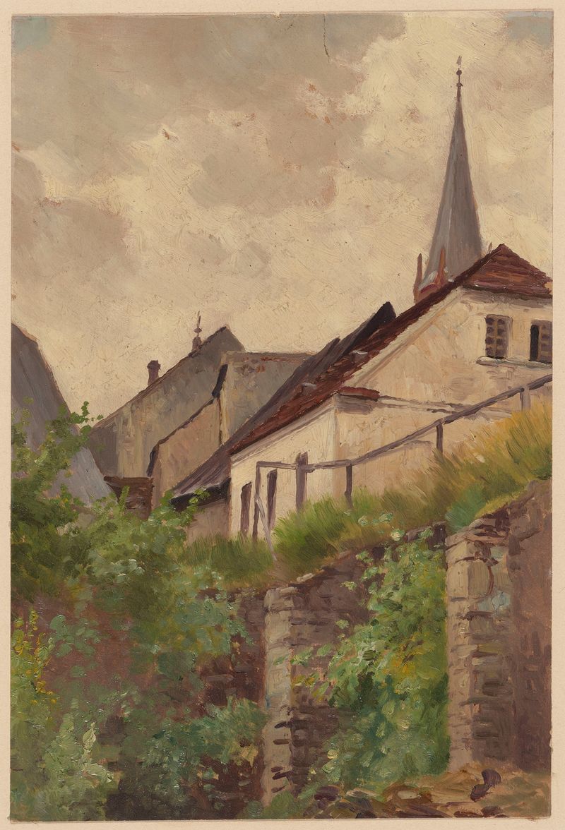 Paisagem com casas em uma colina e um fragmento de torre de igreja, de Theodor Blache, pintura a óleo