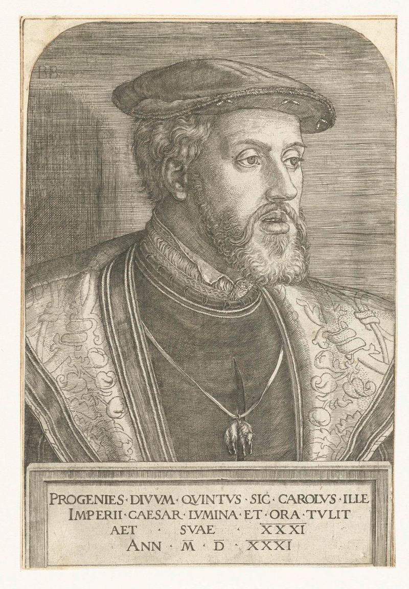 Engraving by Barthel Beham depicting Emperor Charles V with piercing blue eyes.
