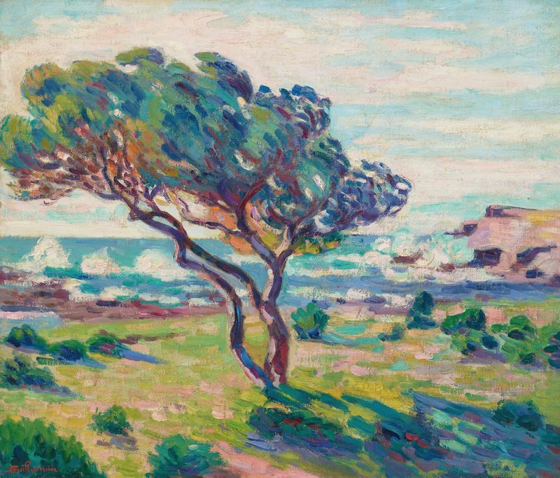 Paisagem de Armand Guillaumin, retratando colinas vibrantes e mar cintilante, pintura a óleo