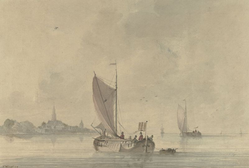Marine scene with boats on water by Nicolaas Wicart, oil painting