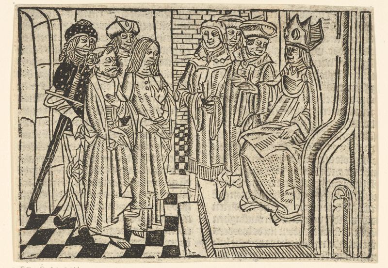 Petrus en Johannes de evangelist voor de hogepriester, paper, Master of Delft