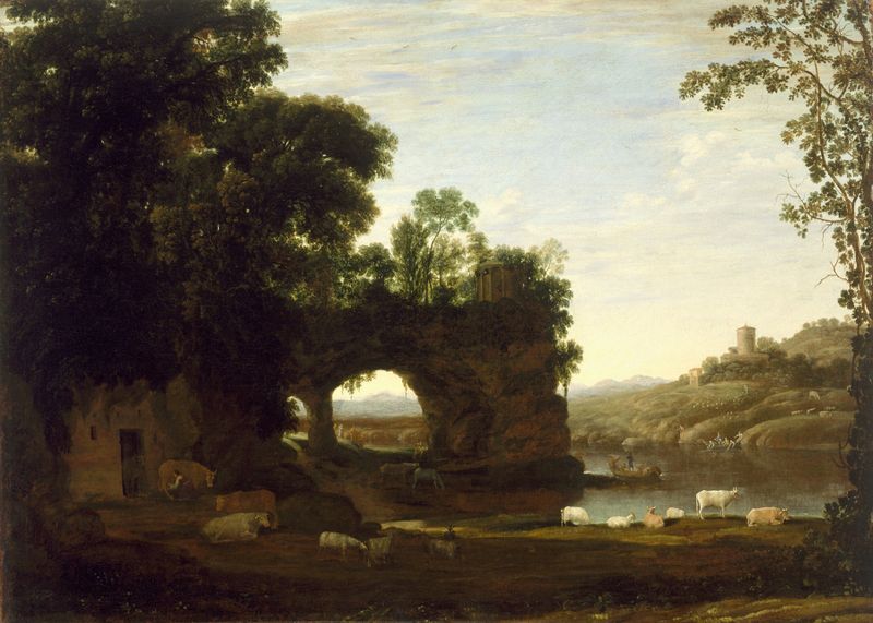 Landscape with a Rock Arch and River, pintura al óleo de Claude Lorrain