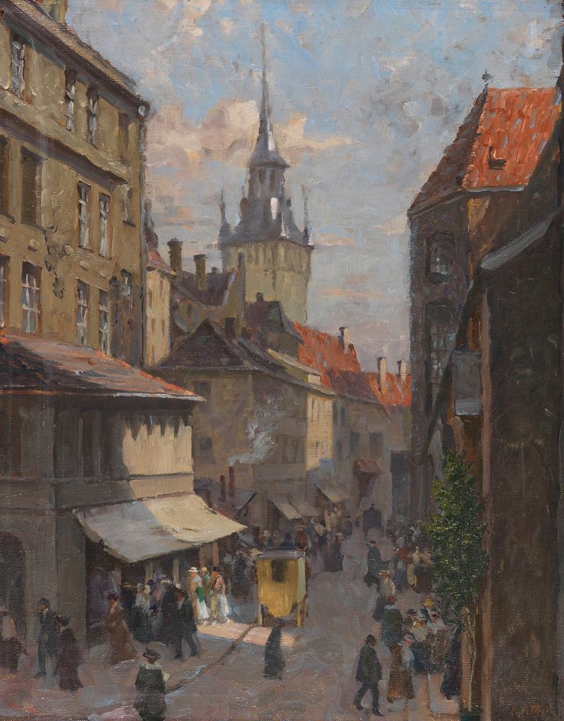 Landscape depicting Alte Rathaus in München, oil painting by Charles Vetter