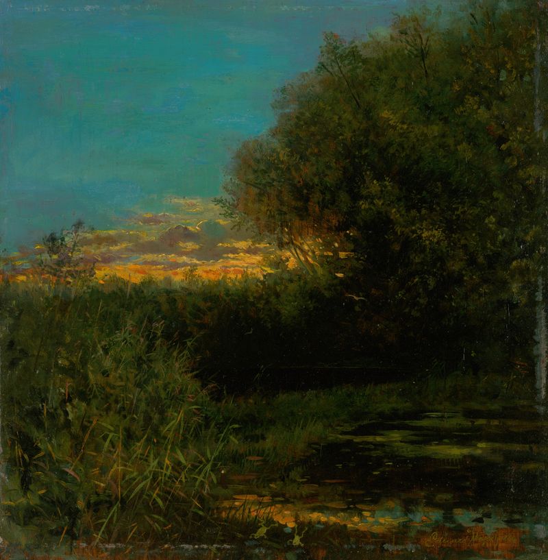 Impressionist landscape by Eduard Majsch featuring a sunset and tree shade.