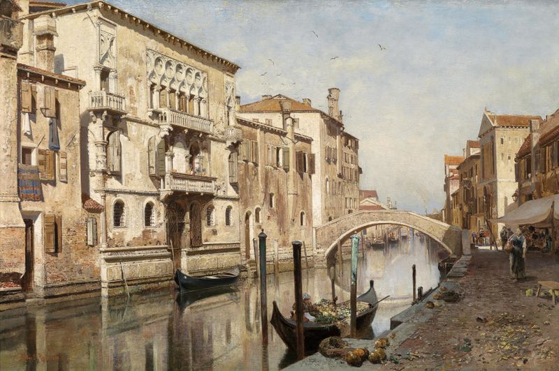 Palazzo Del Cammello de Robert Russ, óleo sobre tela que retrata arquitetura serena e luz suave.
