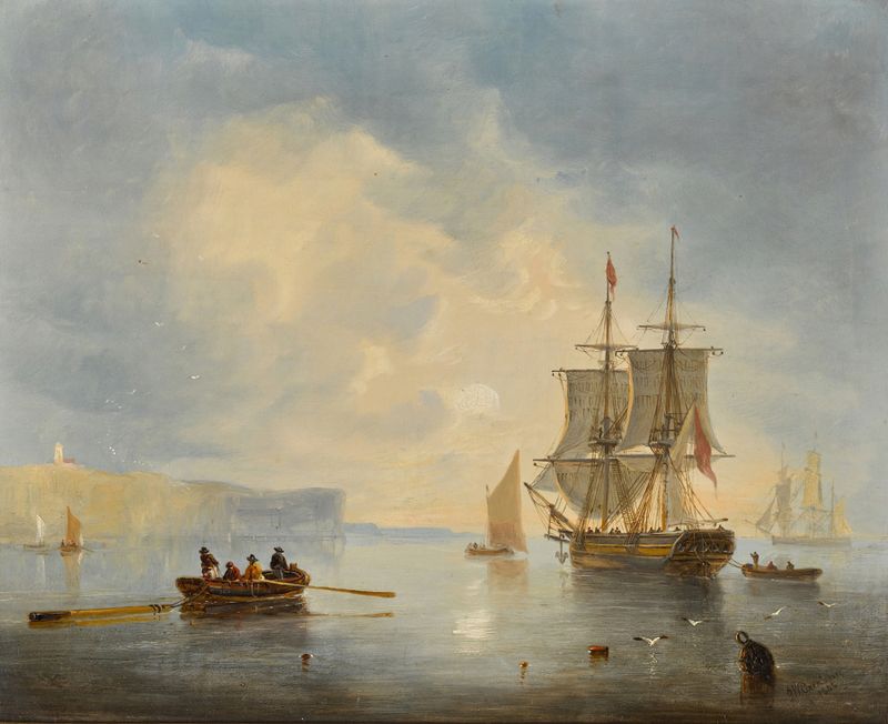 Flambro Head by John Wilson Carmichael, oil painting depicting a tranquil marine scene.