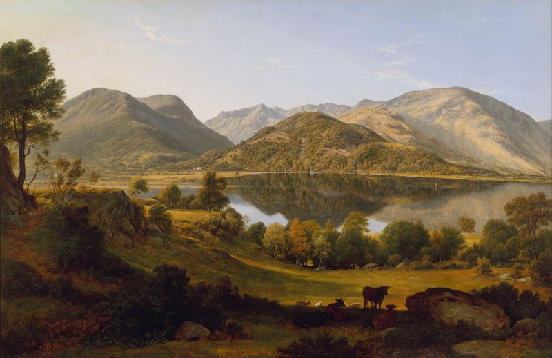 Landscape of Ullswater at dawn, oil painting by John Glover