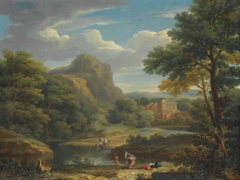 Rococo landscape depicting mountains and a deep azure sky by George Lambert